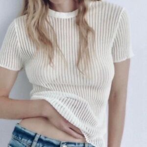 Zara See-Through Mesh Ribbed White T-Shirt Size S